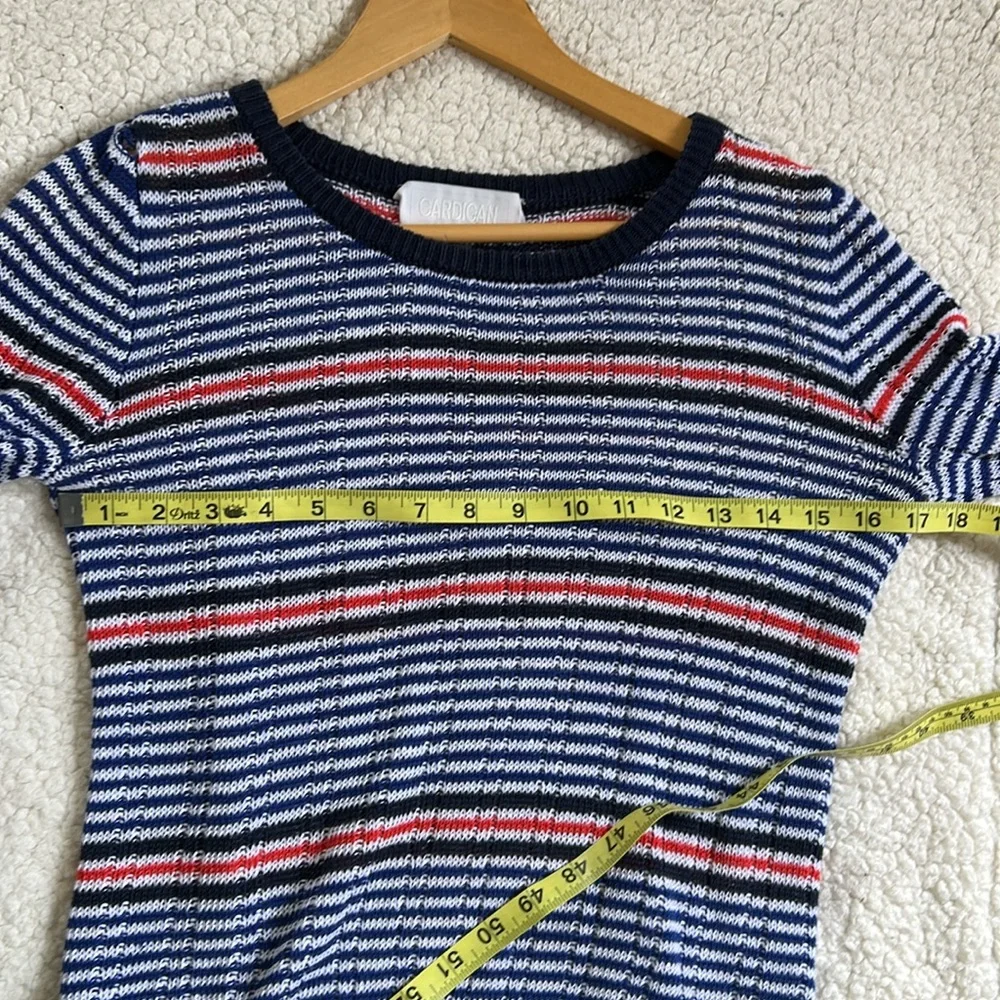 100% Linen Stripe Navy Cropped Crewneck Sweater Cardigan Brand XS